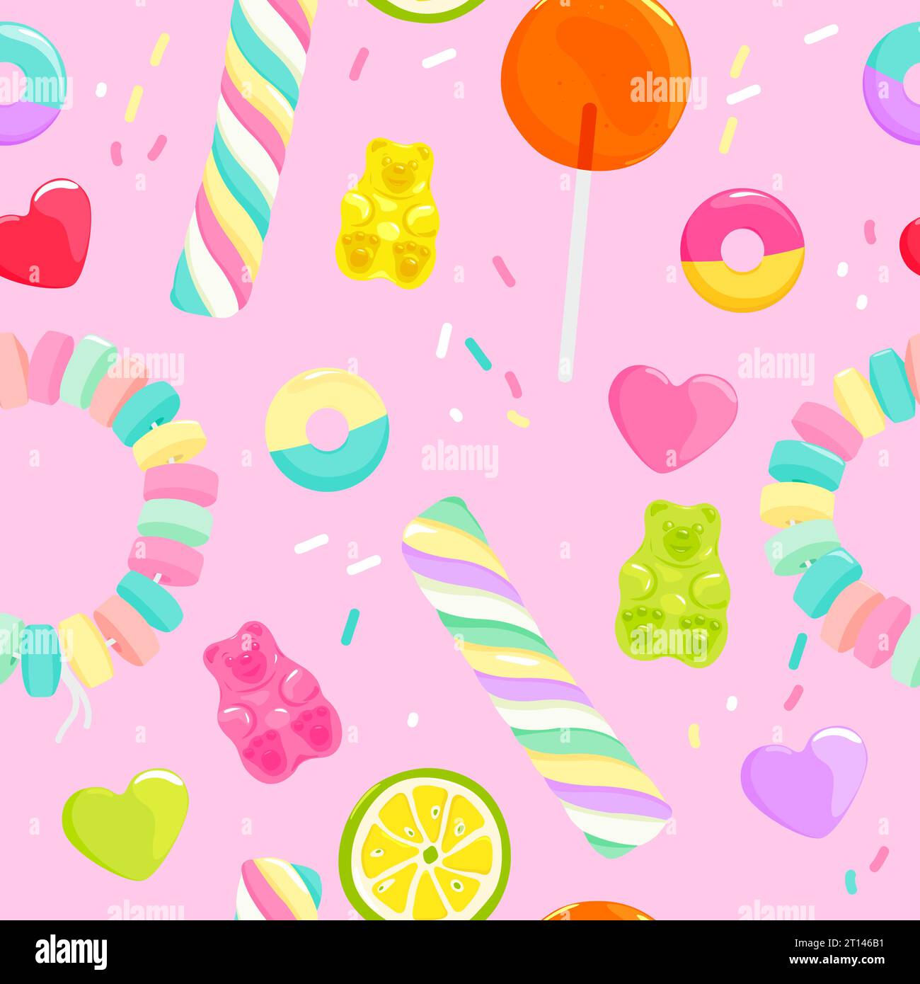 Colorful lollipops, gummy and jelly candy bears background. Seamless