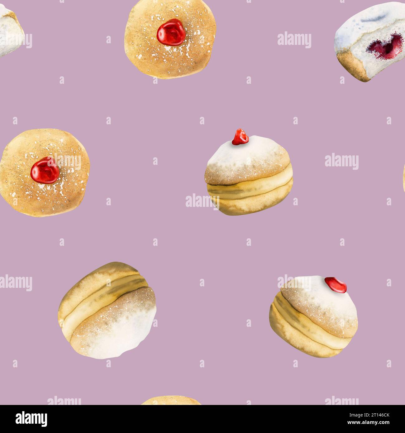 Delicious Hanukkah donuts watercolor seamless pattern of Jewish traditional holiday sweet dessert on dusty pink Stock Photo
