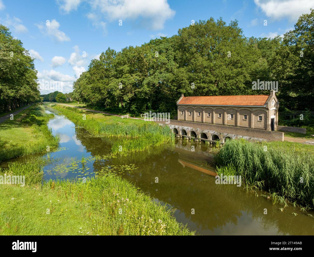 restored old weir with the name 'schuivenhuisje' built in 1887 on the Almelo-Nordhorn canal, province of Overijssel, the Netherlands Stock Photo