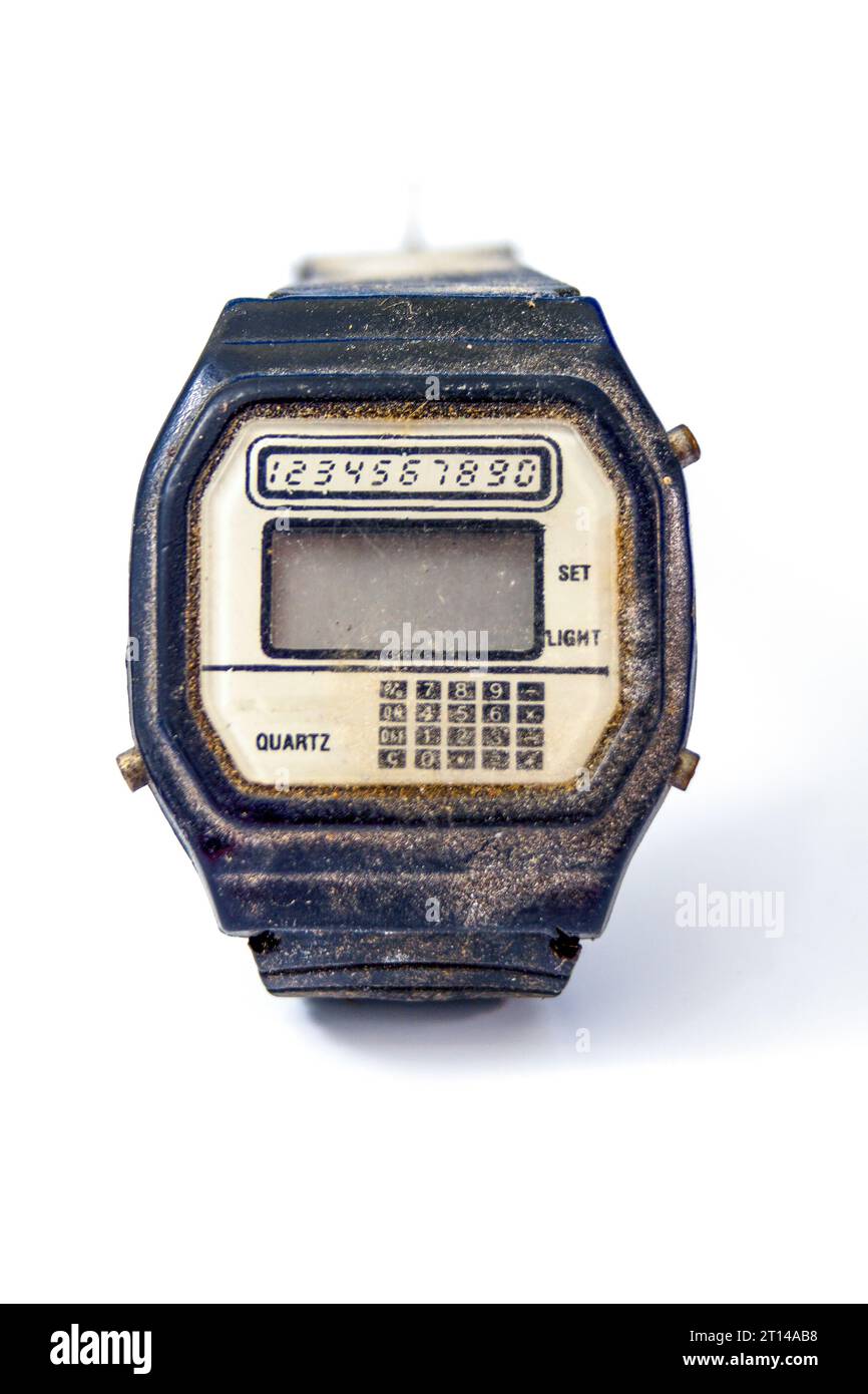 Vintage wrist watch dirty and dusty,time concept. Stock Photo