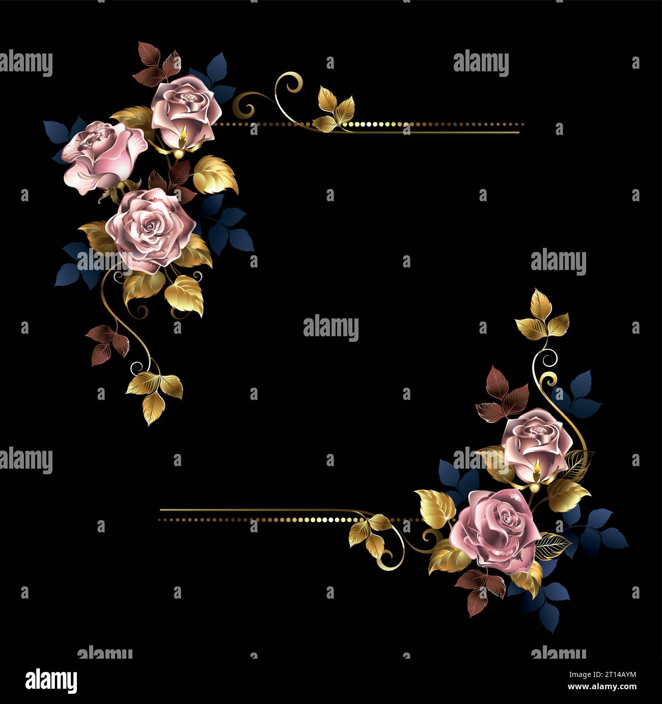 Luxurious rectangular composition of artistically painted, jewelery, sparkling yellow and rose gold roses on black background. Rose gold. Stock Vector