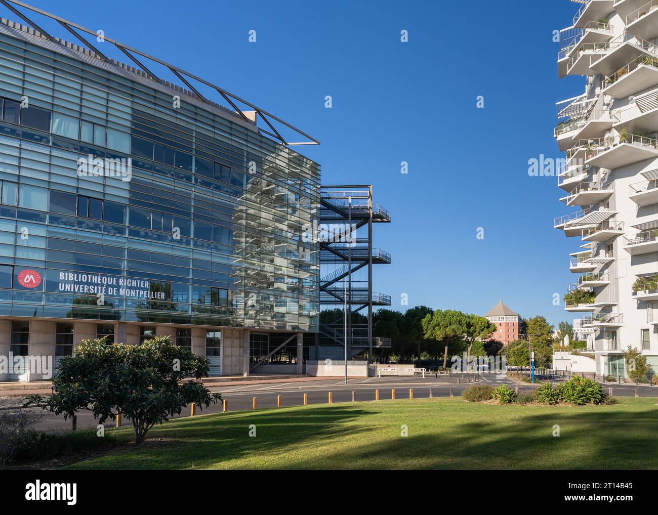 Montpellier, France - 09 30 2023 : Cityscape view of modern architecture of Richter university library and l'Arbre Blanc apartment building Stock Photo