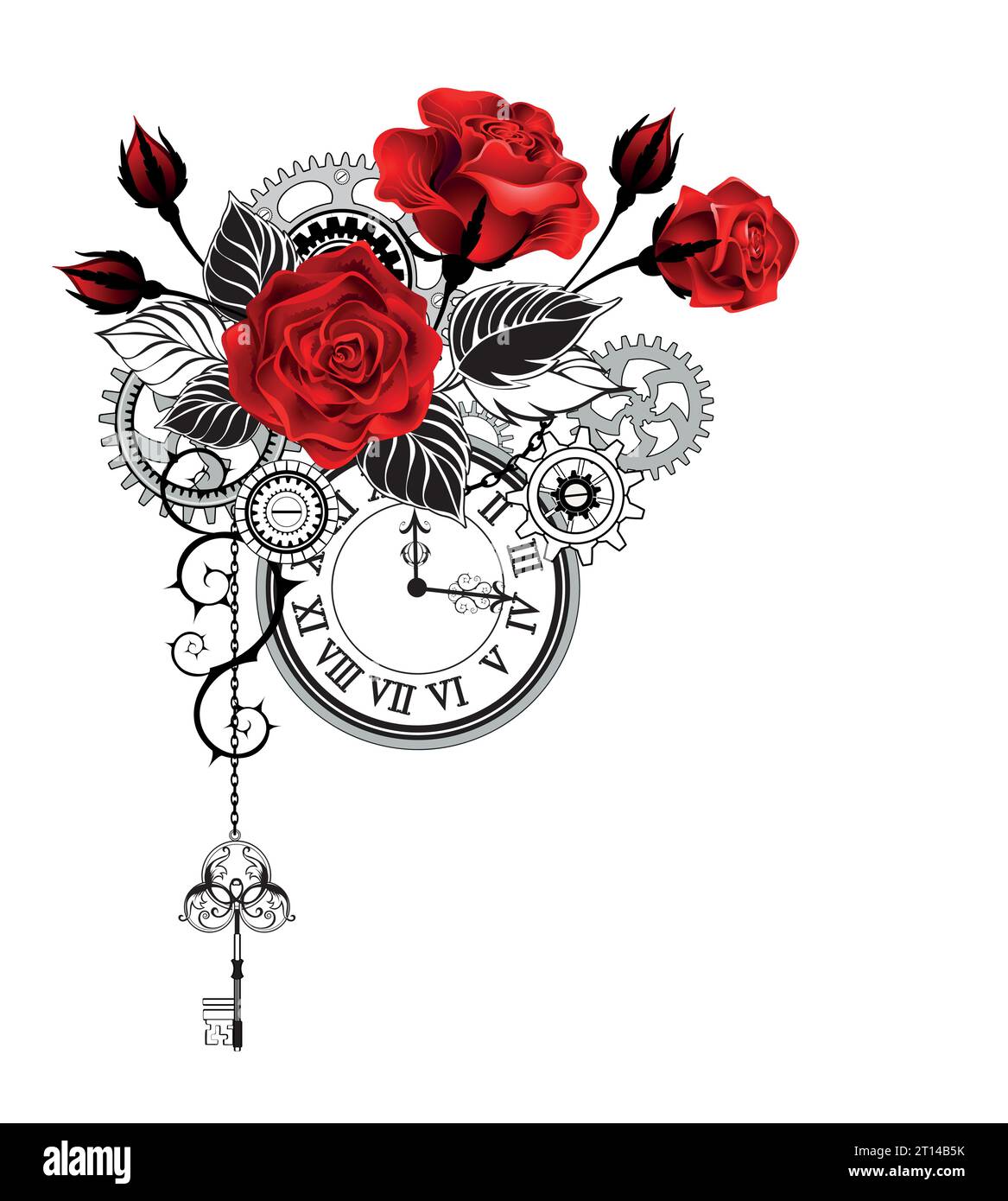 An elegant composition of red, blooming, artistically drawn roses, decorated with black leaves with an outline clock, gears and key on white backgroun Stock Vector