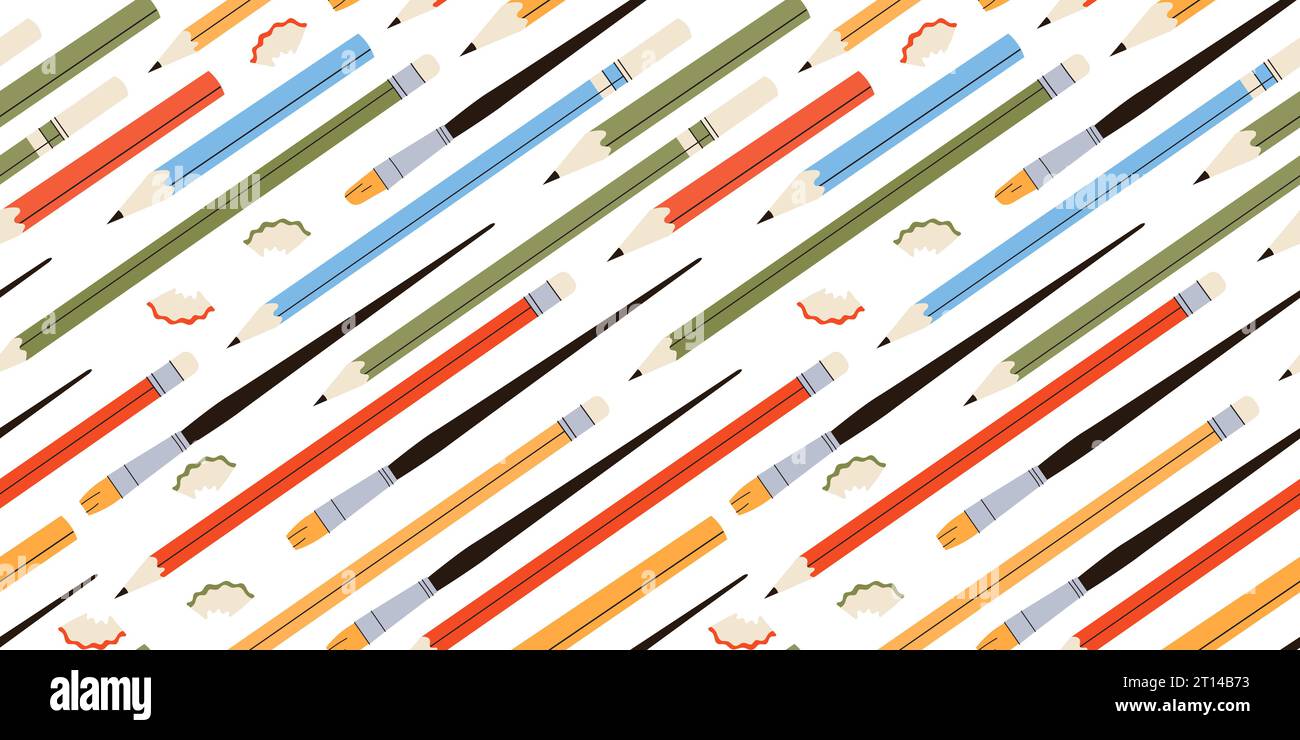 Seamless pattern with various pencils and crayons Stock Vector