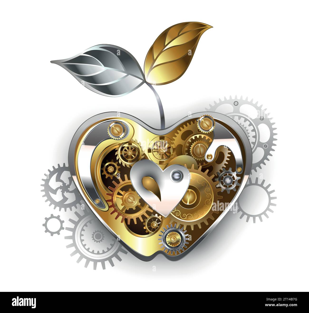 Mechanica apple, artistically painted in steampunk style, decorated with gold, antique gears, on white background. Steampunk style. Stock Vector