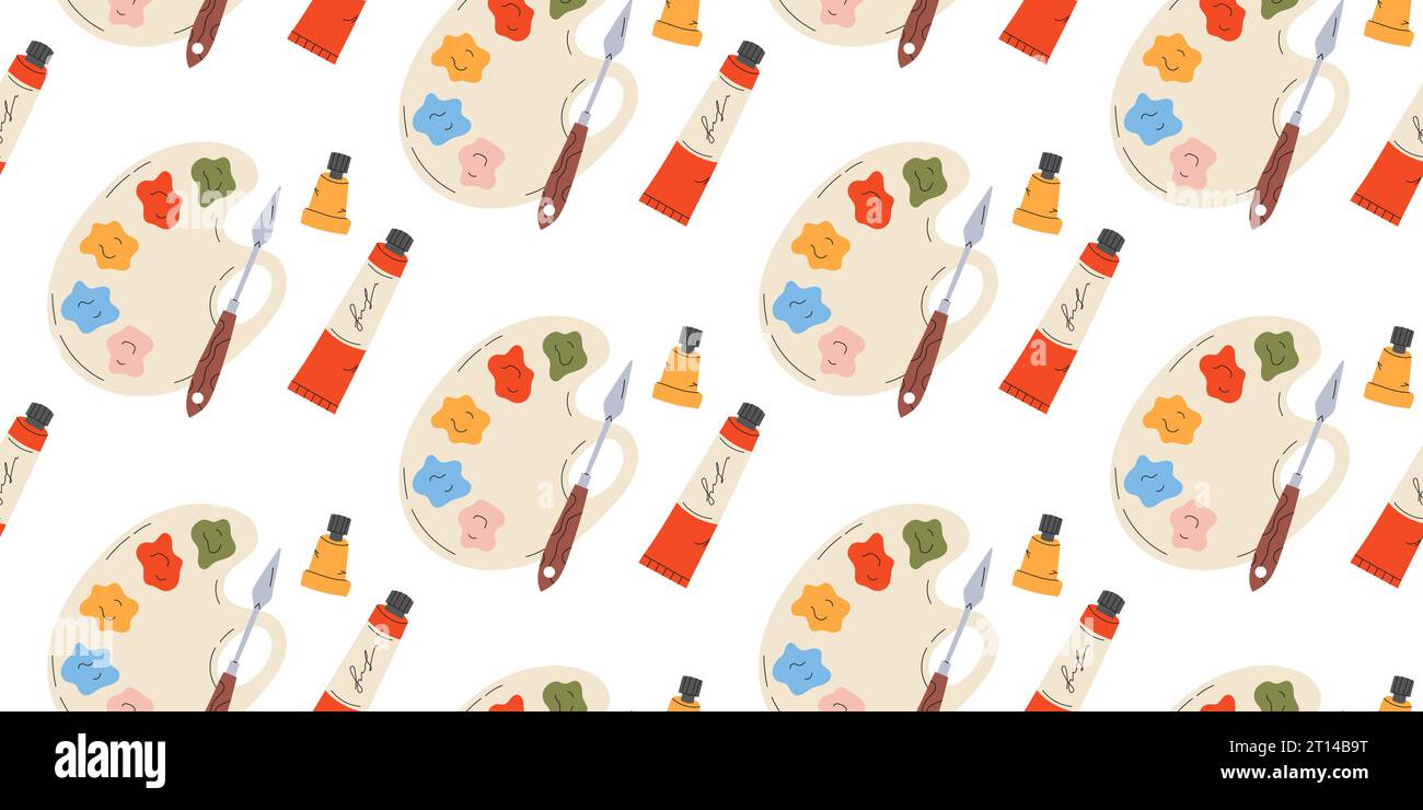 Seamless pattern with Palette, paints and brushes Stock Vector