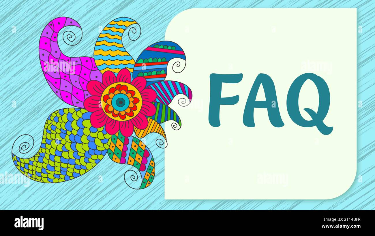 FAQ - Frequently Asked Questions Colorful Mandala Element Blue Rounded Square Text Stock Photo