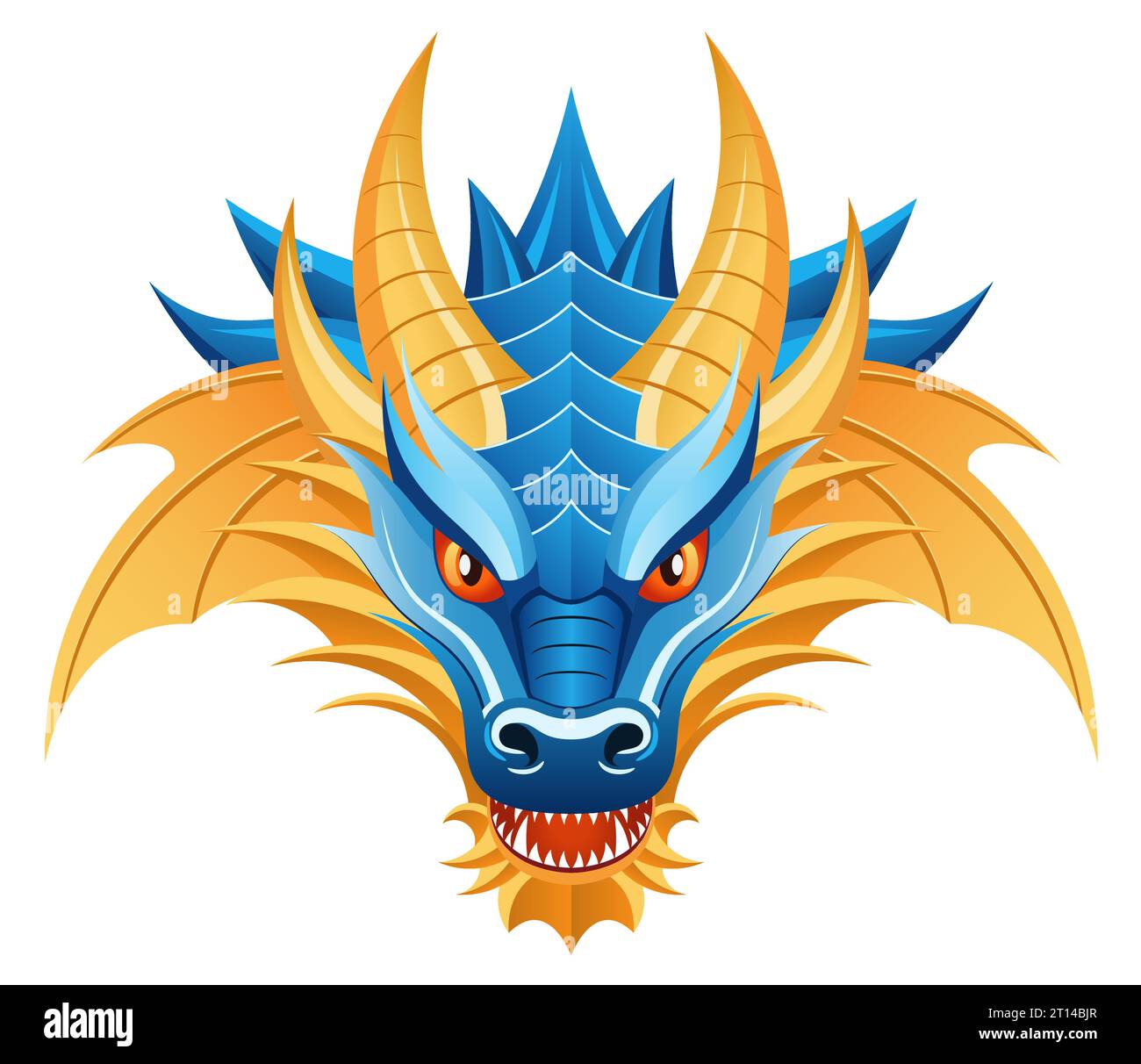 Vector illustration of dragons head in blue and yellow colors. Isolated dragon on white background, symbol of the year 2024. Stock Vector