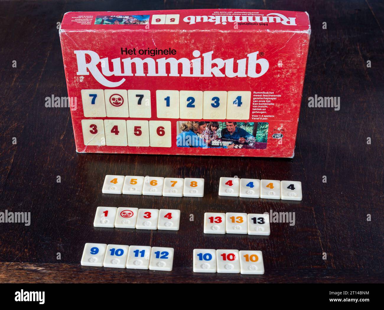 Amsterdam, The Netherlands, 11.10.2023, Rummikub box and tiles on the table Stock Photo