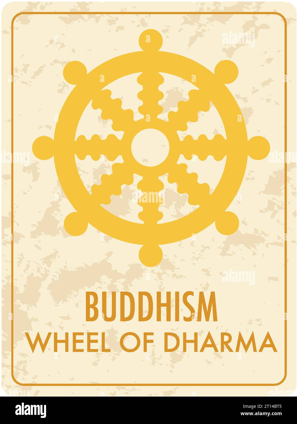 A vibrant yellow card featuring the Wheel of Dharma, a significant Buddhist symbol Stock Vector
