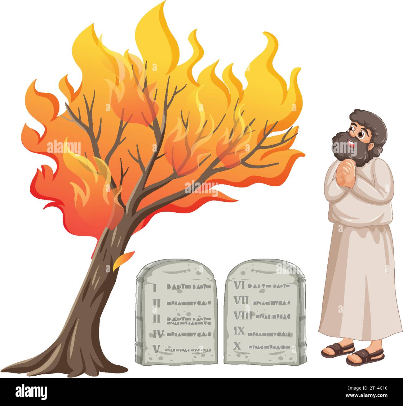 A vibrant vector cartoon illustration depicting Moses and the burning