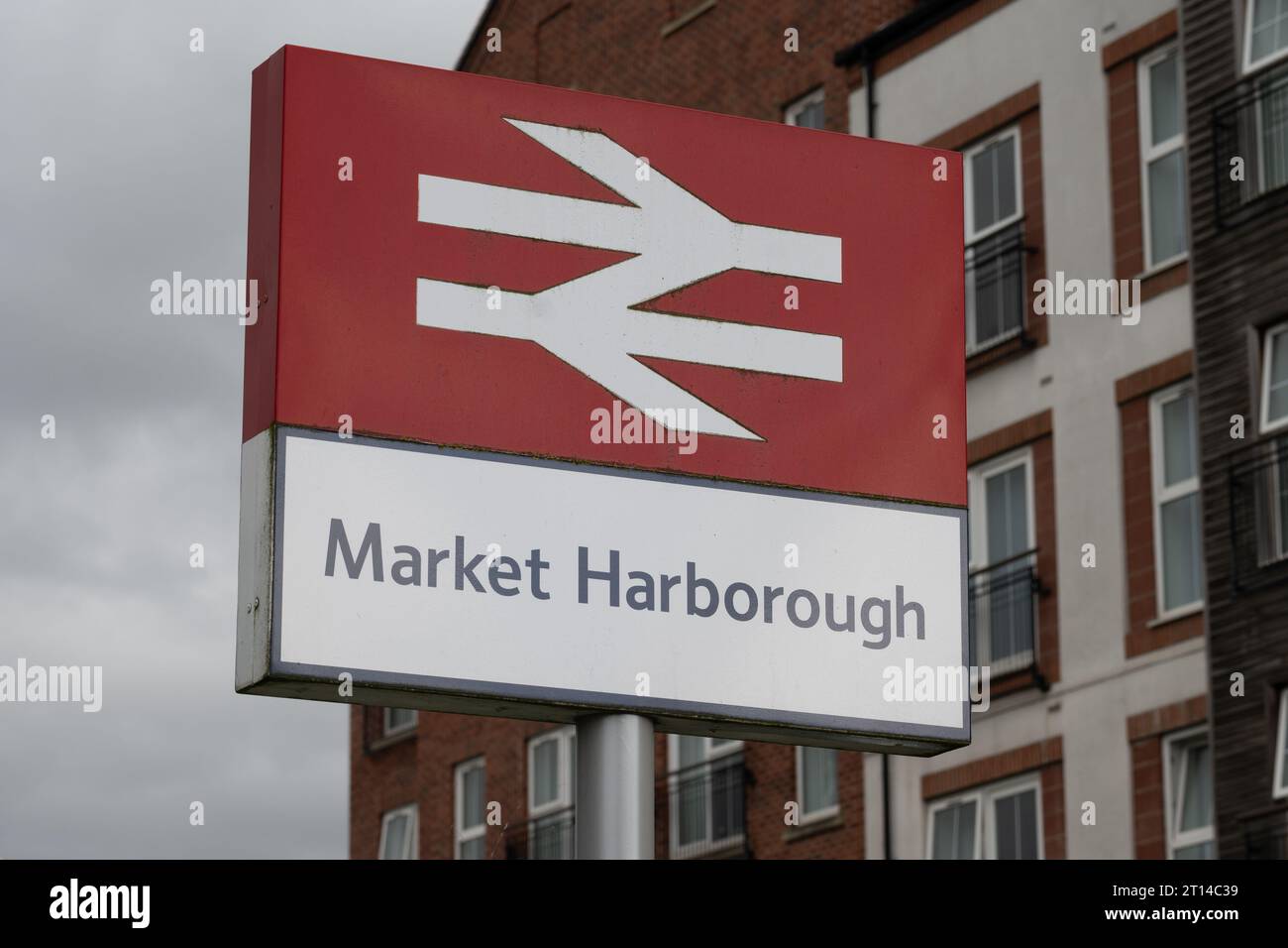 Market Harborough railway station sign, Leicestershire, England, UK