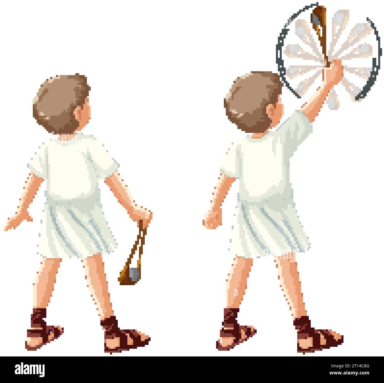 Illustration of David, the biblical character, using a sling to pull a stone Stock Vector