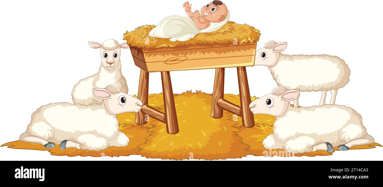 Illustration of baby Jesus surrounded by sheep in a manger Stock Vector ...
