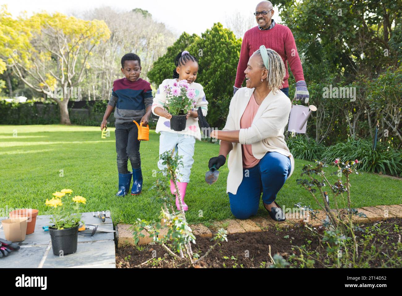 Happy african american grandparents and grandchildren planting plants