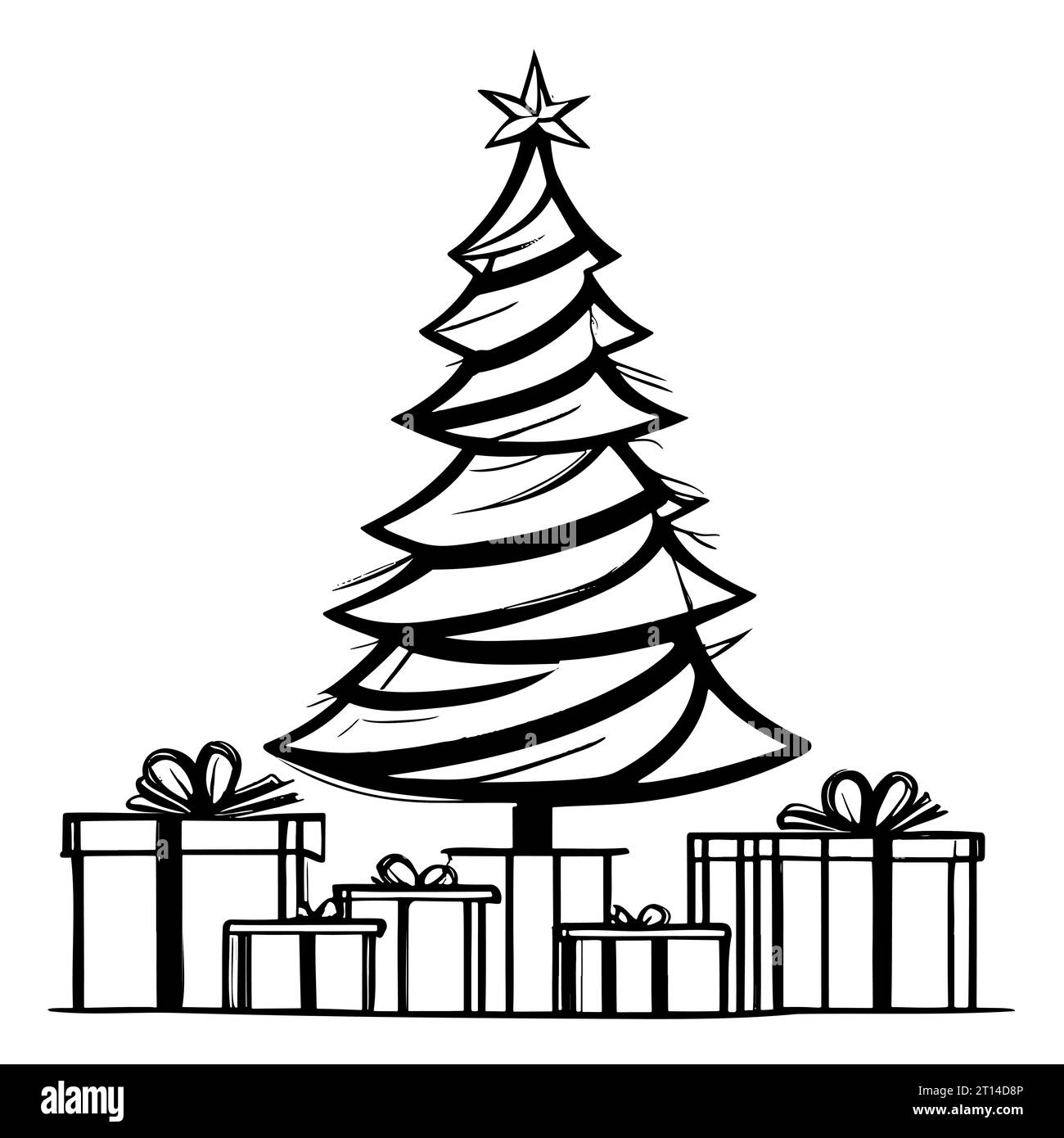 Christmas tree sketch with star and decorated gift boxes, hand drawn ...