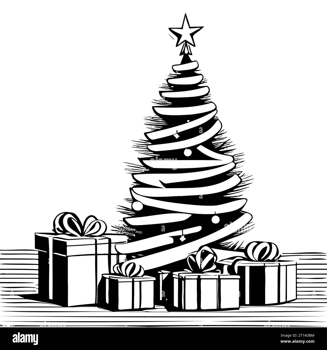 Christmas tree sketch with star and decorated gift boxes, hand drawn ...