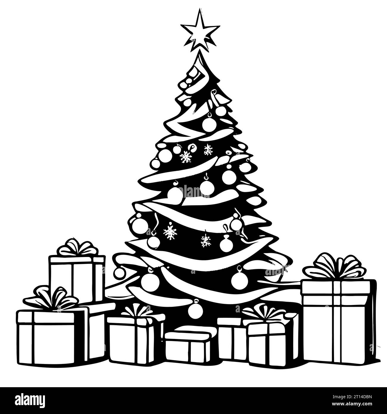 Christmas tree sketch with star and decorated gift boxes, hand drawn ...