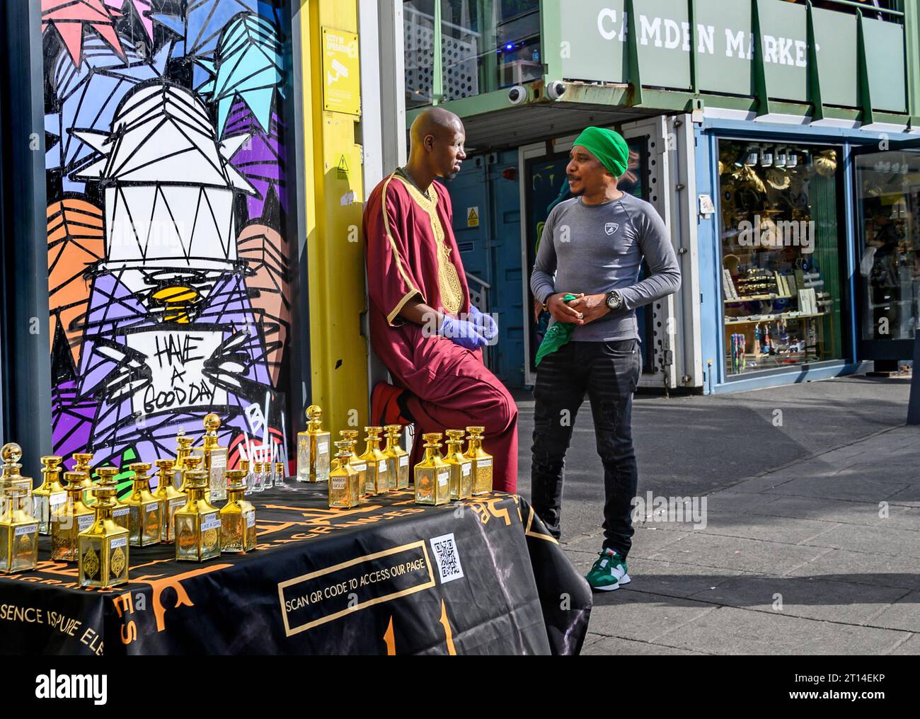 London,UK. Camden Town men with a perfume stall in Camden High Street Stock Photo Alamy