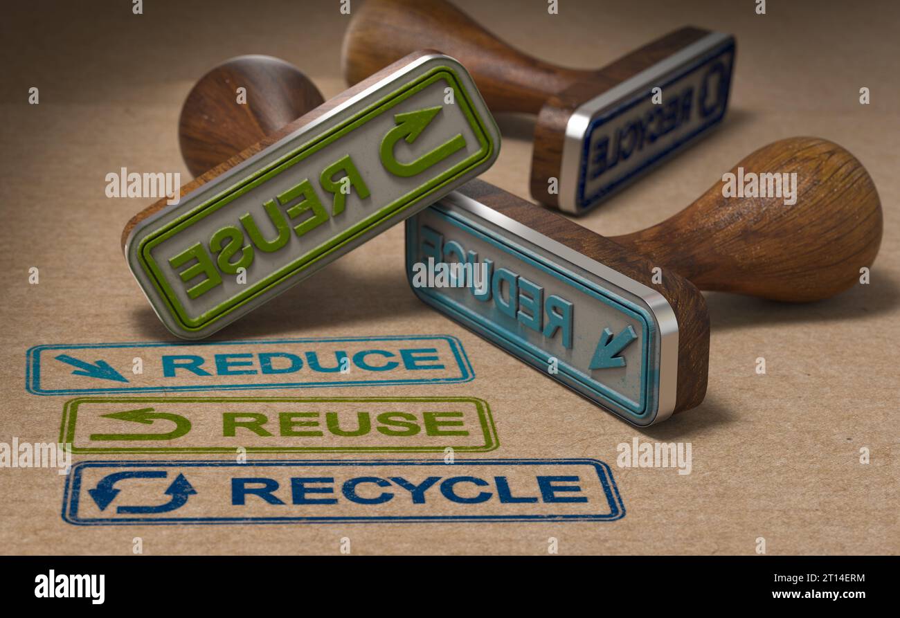 Rubber stamp with the words reduce, reuse and recycle. Waste management and 3R concept. 3d illustration. Stock Photo