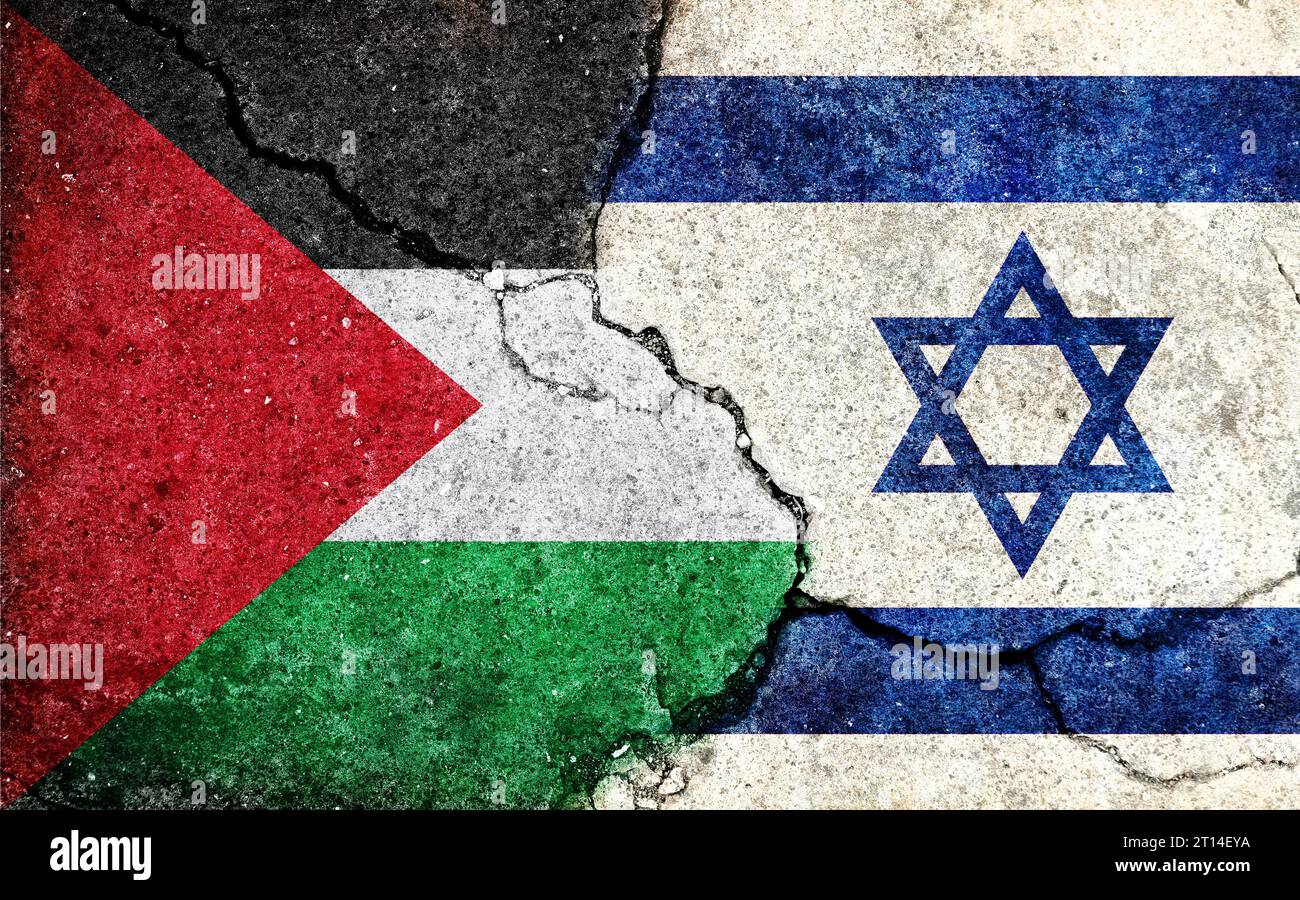 Israel vs Palestine  (War crisis , Political  conflict). Grunge country flag illustration (cracked concrete background) Stock Photo