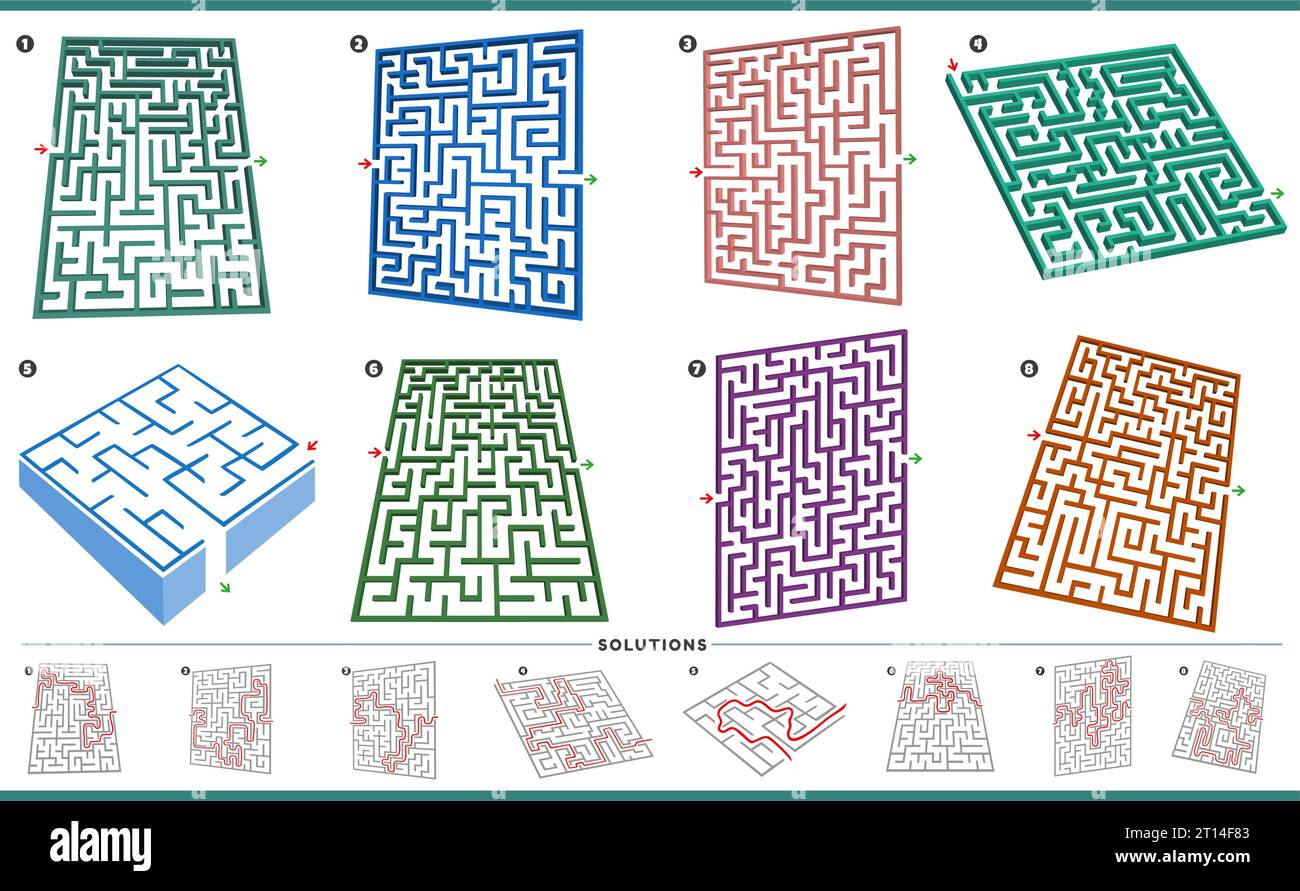 Illustration of maze puzzle activities graphs set with solutions Stock