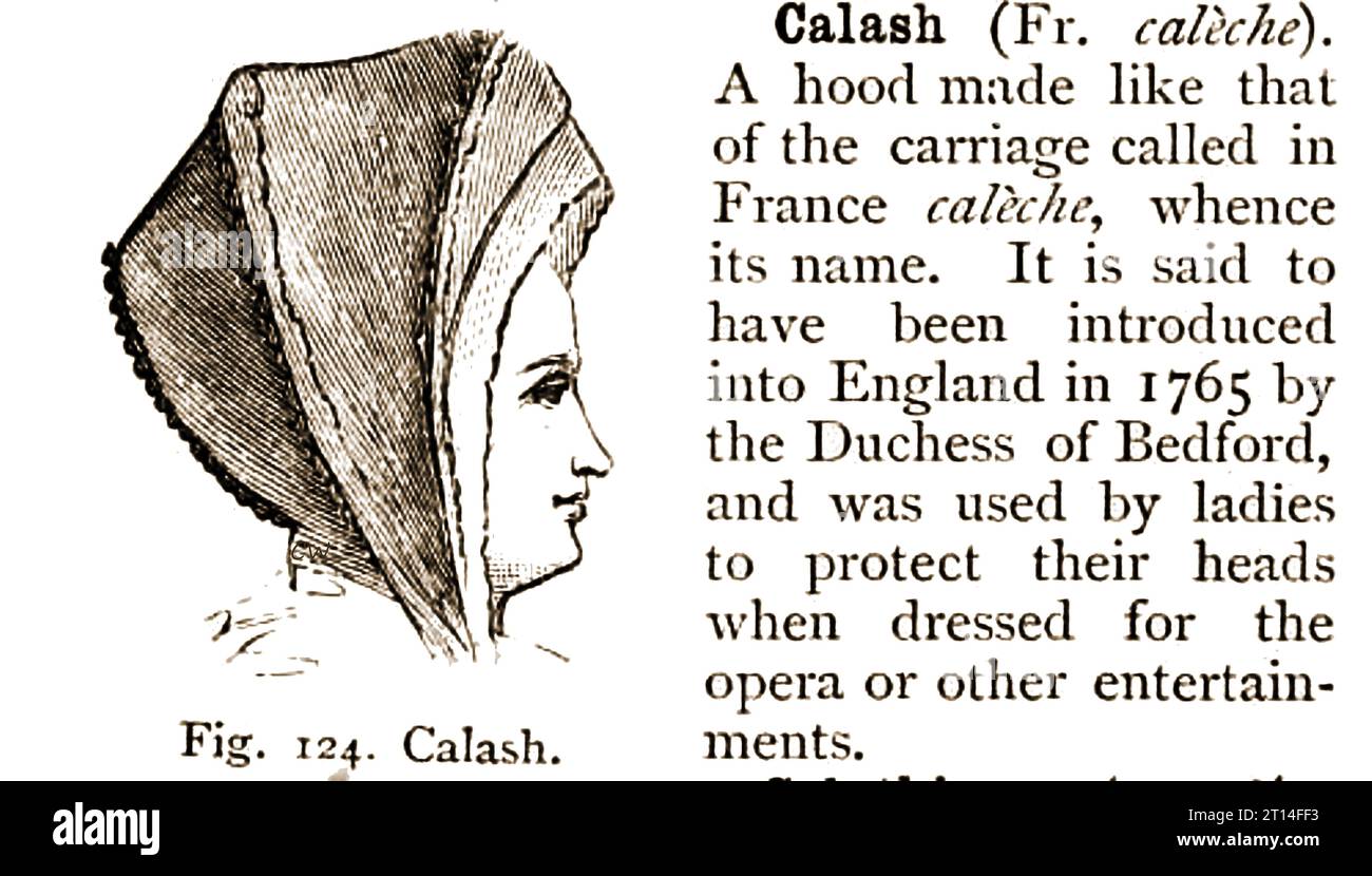 CALASH   (Caleche)- A 19th century dictionary illustration showing the former fashion item introduced into Britain 1765 by the  Duchess of Bedford.  ----   CALASH (Caleche) - Illustration de dictionnaire du XIXe siècle montrant l'ancien article de mode introduit en Grande-Bretagne en 1765 par la duchesse de Bedford. Stock Photo