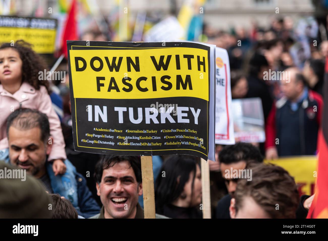 Demonstration against alleged Turkish war crimes in Afrin, a Kurdish city in Syria. Protesting in London, UK. Named defend Afrin. Fascism Stock Photo