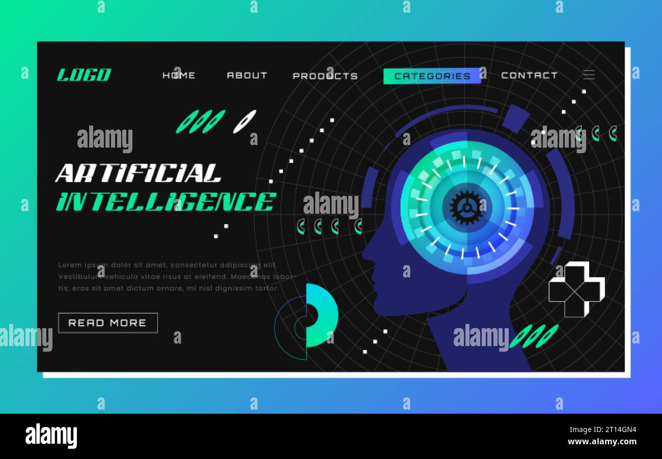 Futuristic artificial intelligence in data analysis concept. Machine learning landing page. Web banner design with ai cyber face profile. Website template of digital innovation and ai technology. Stock Vector