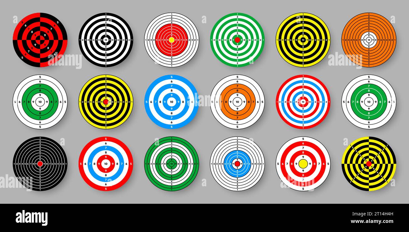 Shooting range paper targets. Round target with divisions, marks and numbers. Archery, gun shooting practise and training, sport competition and Stock Vector