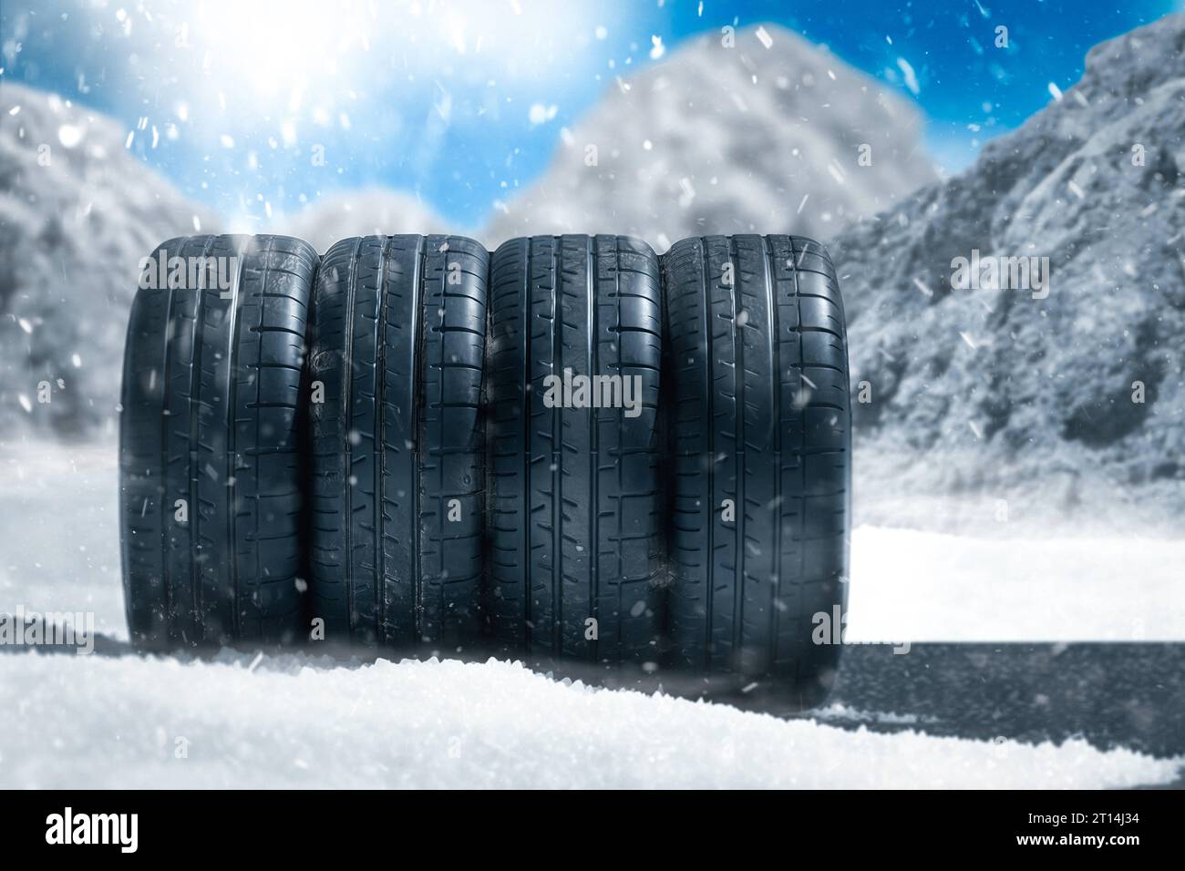 11 October 2023 Winter tires on a country road in snowfall with