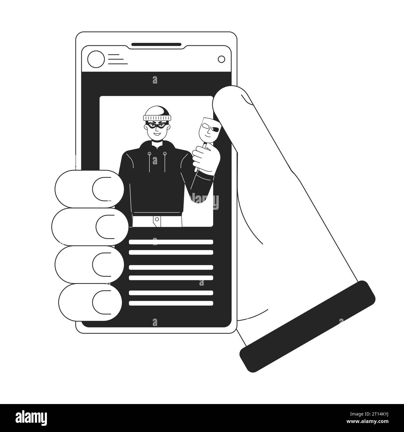 Holding smartphone bw concept vector spot illustration Stock Vector