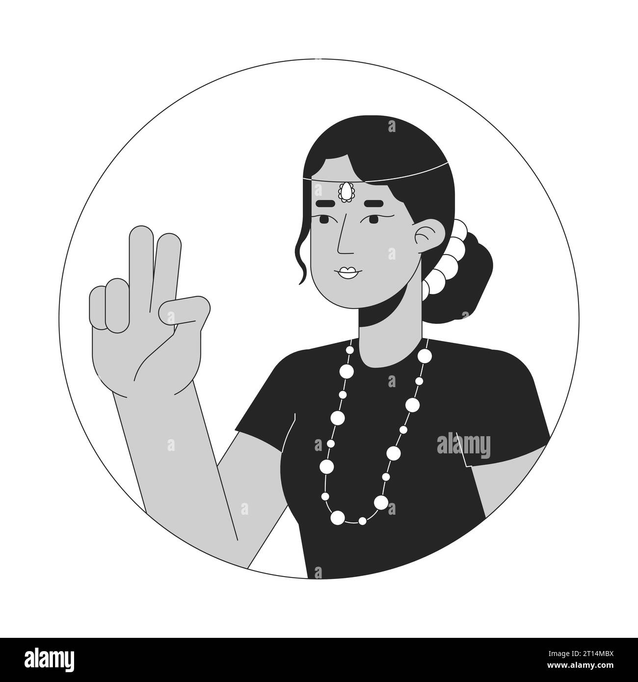 Peace sign girl with indian head jewelry black and white 2D vector