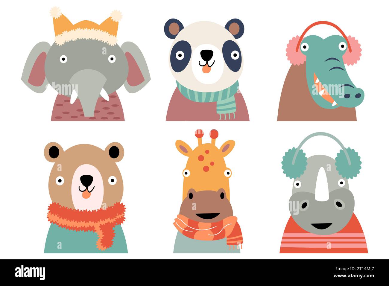 Wildlife animals with winter costume . Flat design . White isolate background . Set 4 of 4 . Vector . Stock Vector
