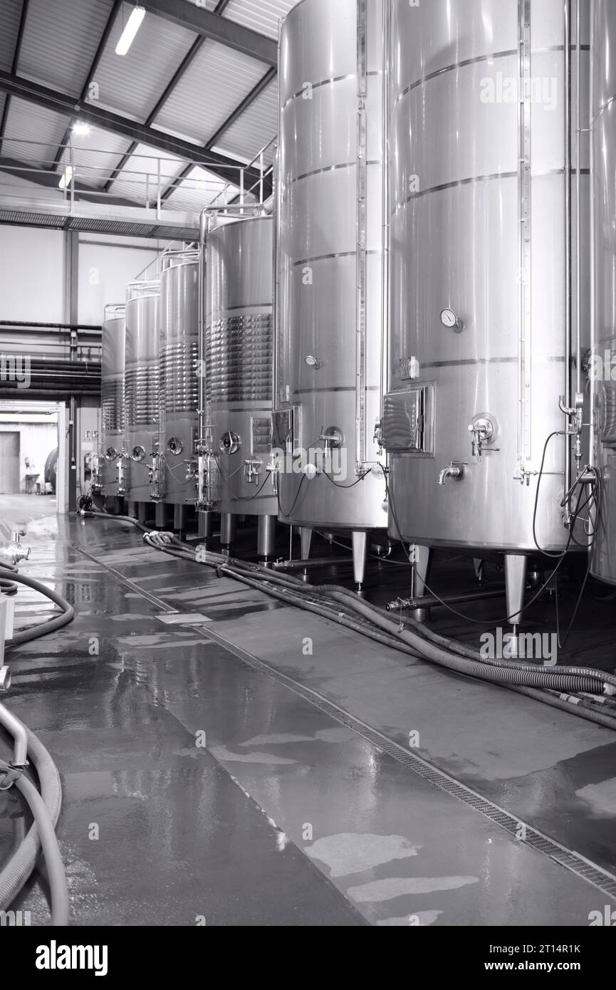 wine tanks of stainless steel for fermentation in a modern wine cellar installation, black and white photography Stock Photo