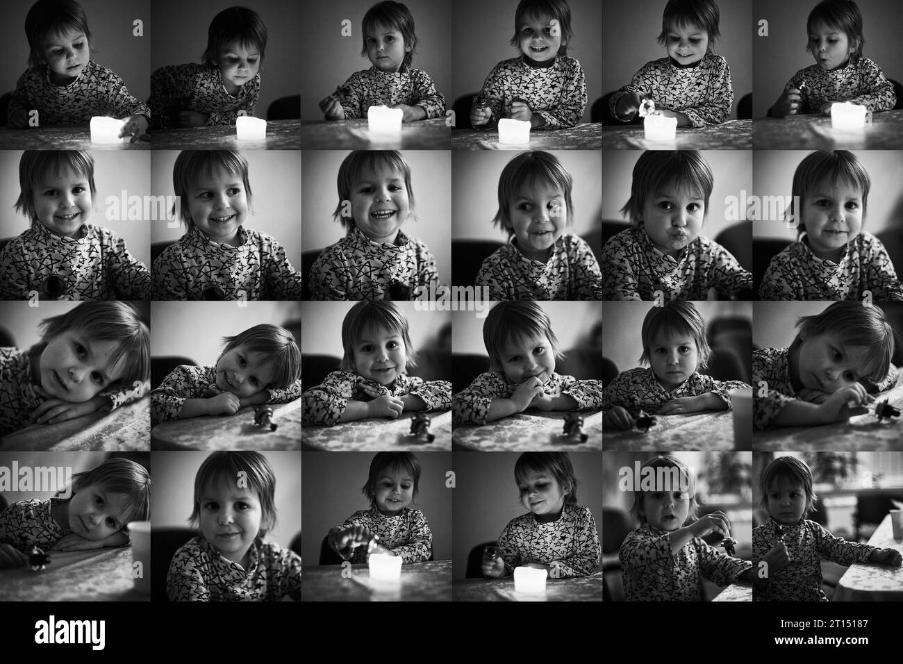 Multiple collage with portraits of a same cute little boy. monochrome black and white. Stock Photo