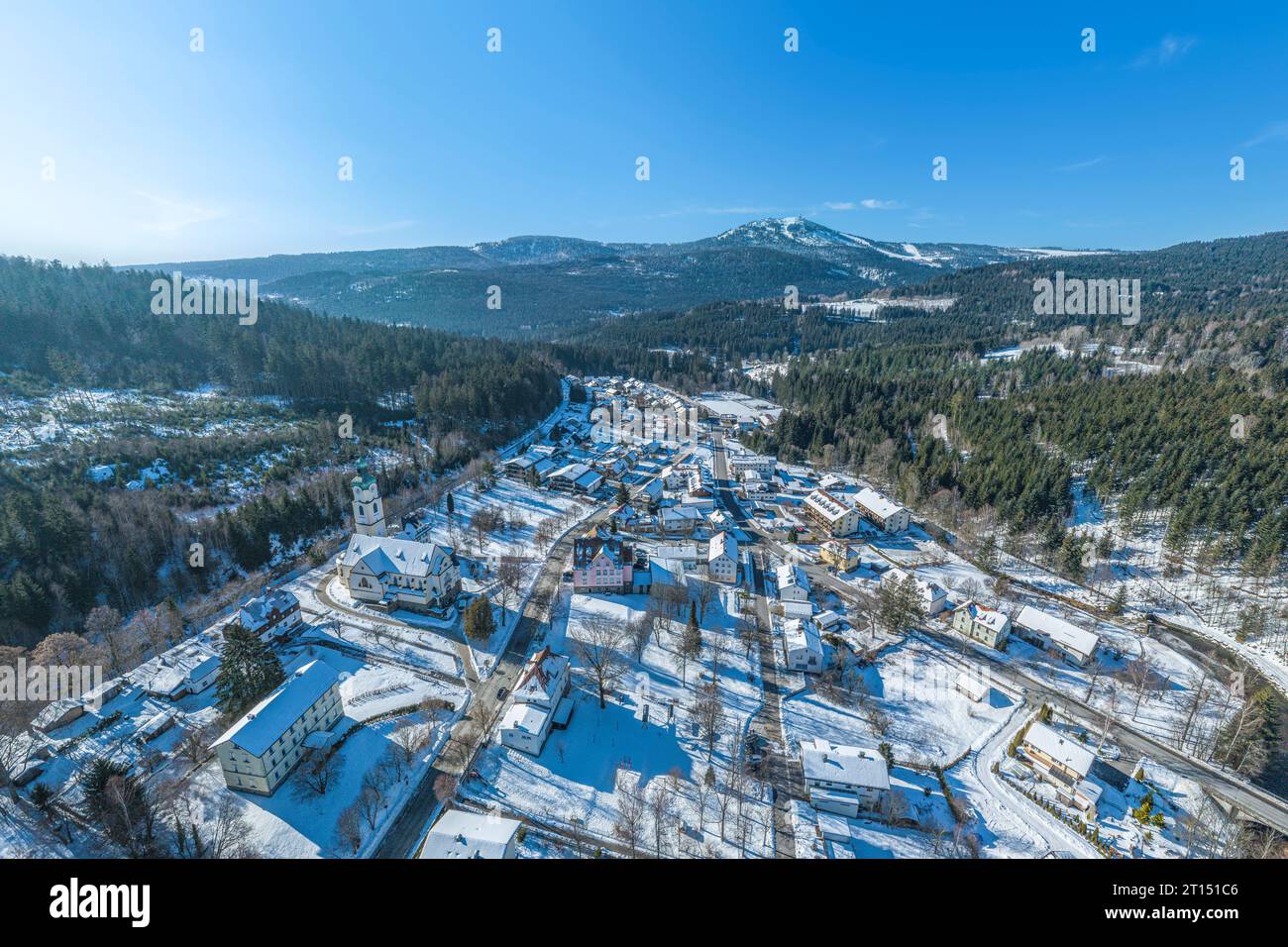 Aerial view to the wintry Bavarian Forest around Bayerisch Eisenstein in the Arber Region Stock Photo