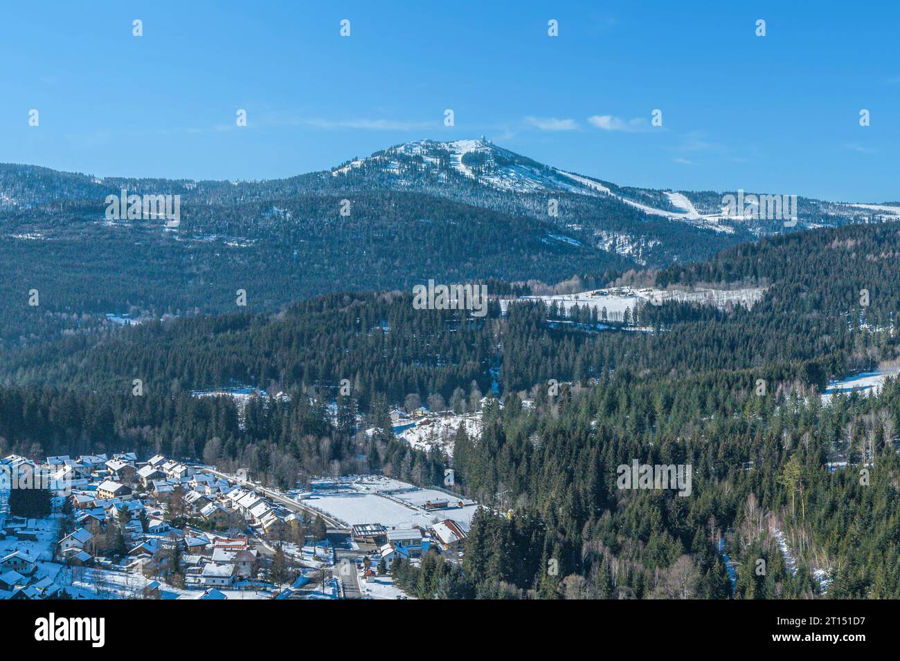 Aerial view to the wintry Bavarian Forest around Bayerisch Eisenstein in the Arber Region Stock Photo