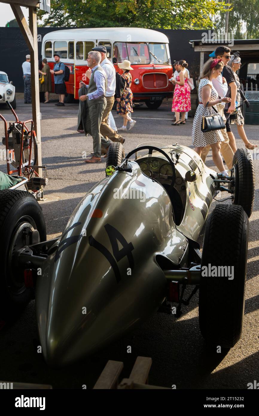 1938 ERA E-type GP1 with Motul racing laboratory van at the BARC Revival Meeting 2023, Goodwood motor racing circuit, Chichester, West Sussex, UK Stock Photo
