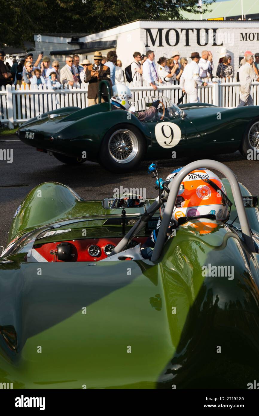 Michael Birch in his 1958 Lotus Climax 15 with a 1957 Tojeiro Jaguar in Assembly Area before the Sussex Trophy,BARC Revival Meeting 2023, Goodwood, UK Stock Photo