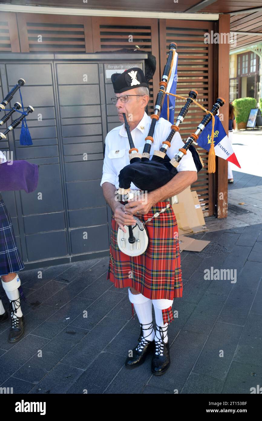 French bagpipes player at Nice station during Rugby World Cup, Cote D