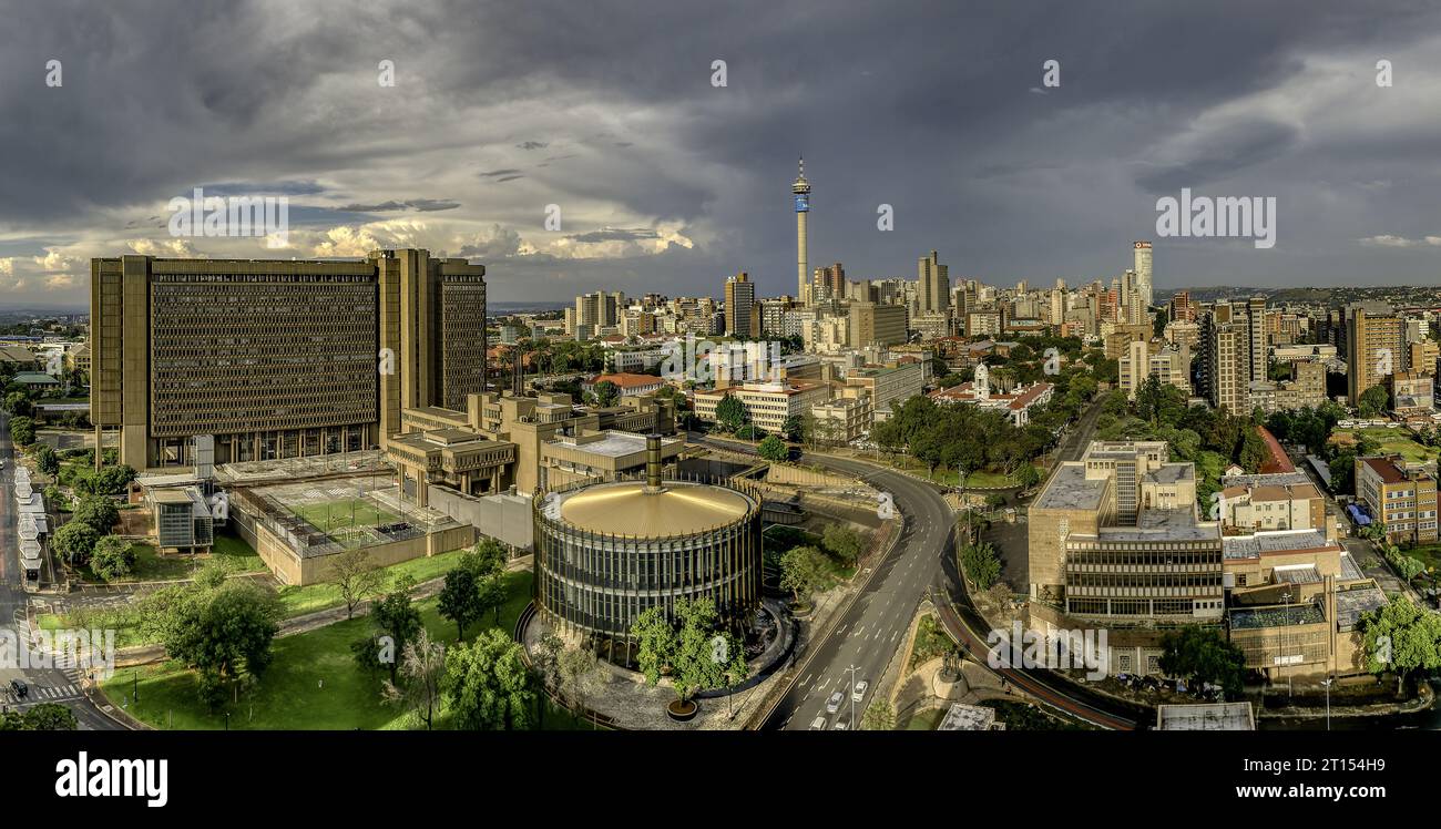 Panoramic view of Hillbrow with the Hilbrow Tower easily visible. To the left is the  Johannesburg Civic Centre. Stock Photo