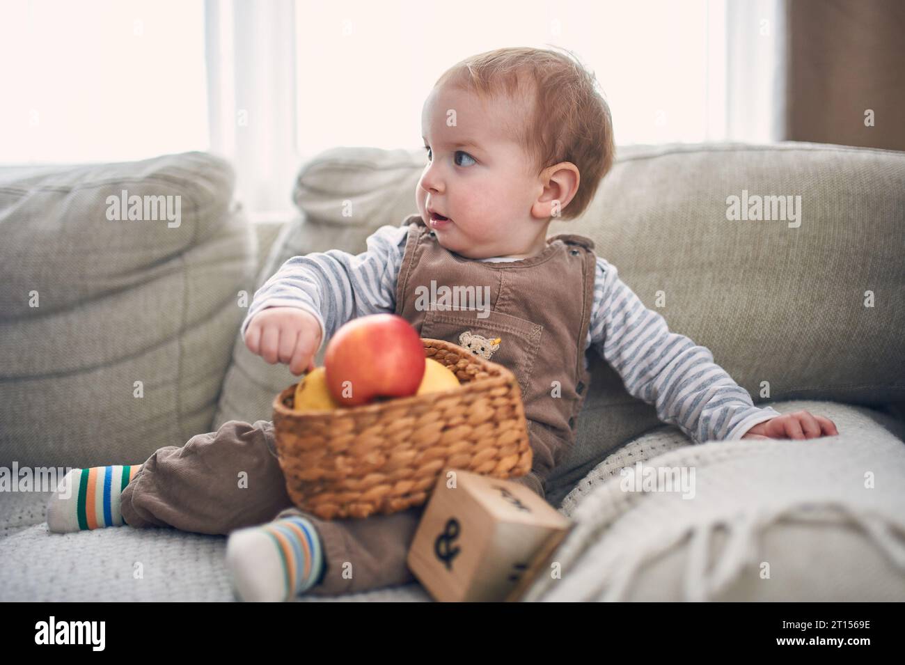 Portrait of a cute 1 year old baby boy sitting on a sofa. Stock Photo