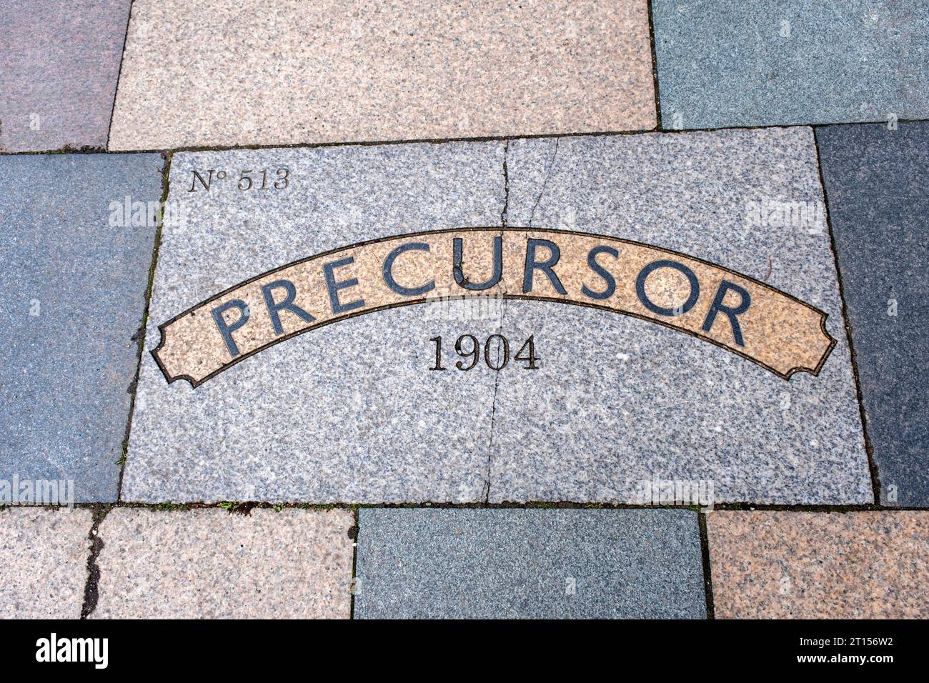 Paving slab in West Street Crewe saying Precursor, train build at Crewe Works No 513 in 1904 Stock Photo