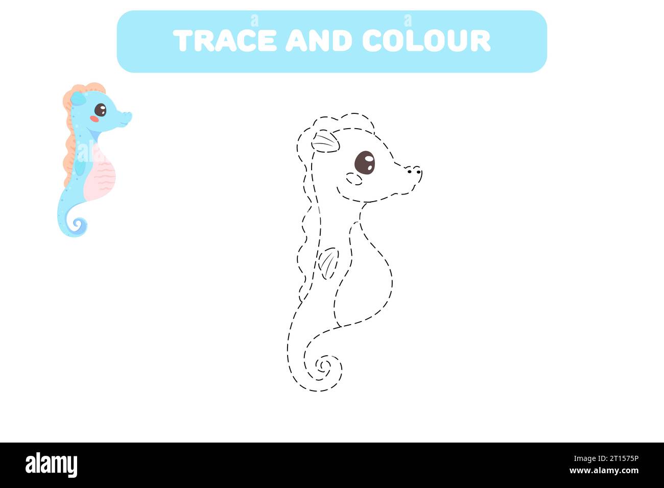 Educational game for children 'Connect the Dots' for handwriting practice colouring book with cute sea character seahorse Stock Vector