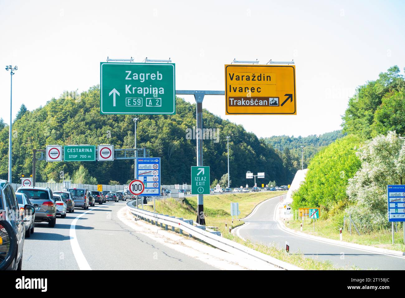 A2 motorway, highway, Trakoscan, sign Cestarina, Pay Toll, Autobahngebuhr, Pagamento pedaggio, September 9, 2023. (CTK Photo/Libor Sojka) Stock Photo