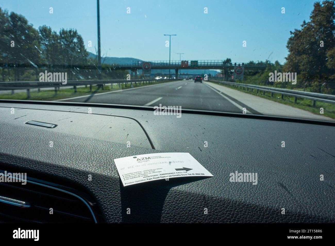 A2 motorway, highway, Zapresic, sign Cestarina, Pay Toll, Autobahngebuhr, Pagamento pedaggio, September 9, 2023. (CTK Photo/Libor Sojka) Stock Photo