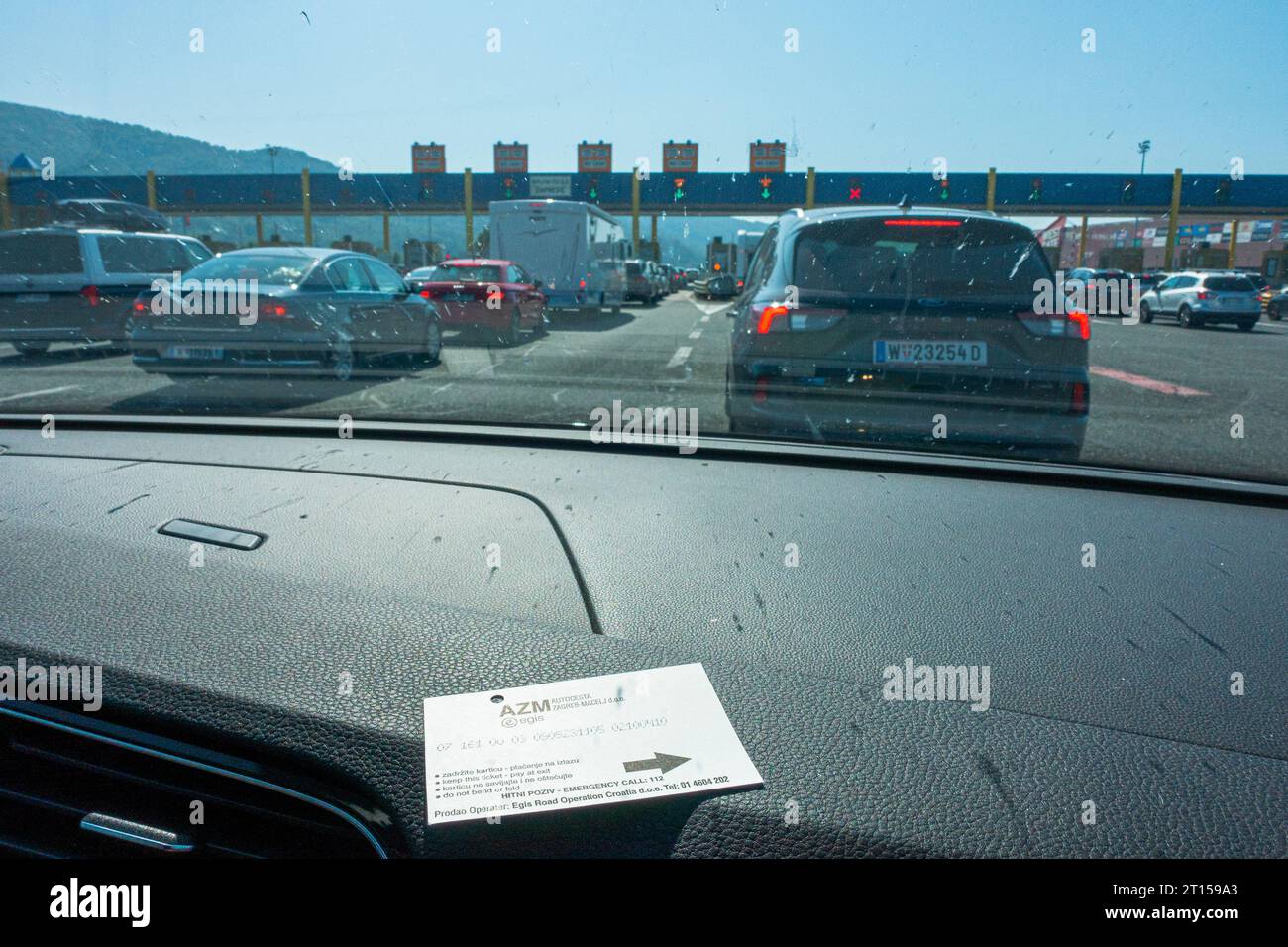A2 motorway, highway, Zapresic, sign Cestarina, Pay Toll, Autobahngebuhr, Pagamento pedaggio, September 9, 2023. (CTK Photo/Libor Sojka) Stock Photo