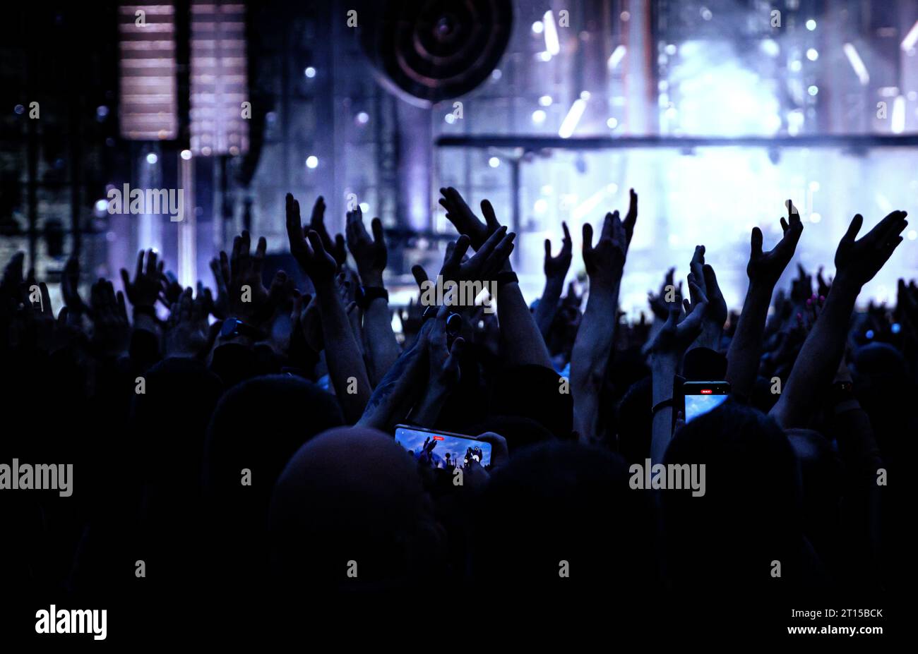 Performance of a popular group. The crowd with raised hands against the ...