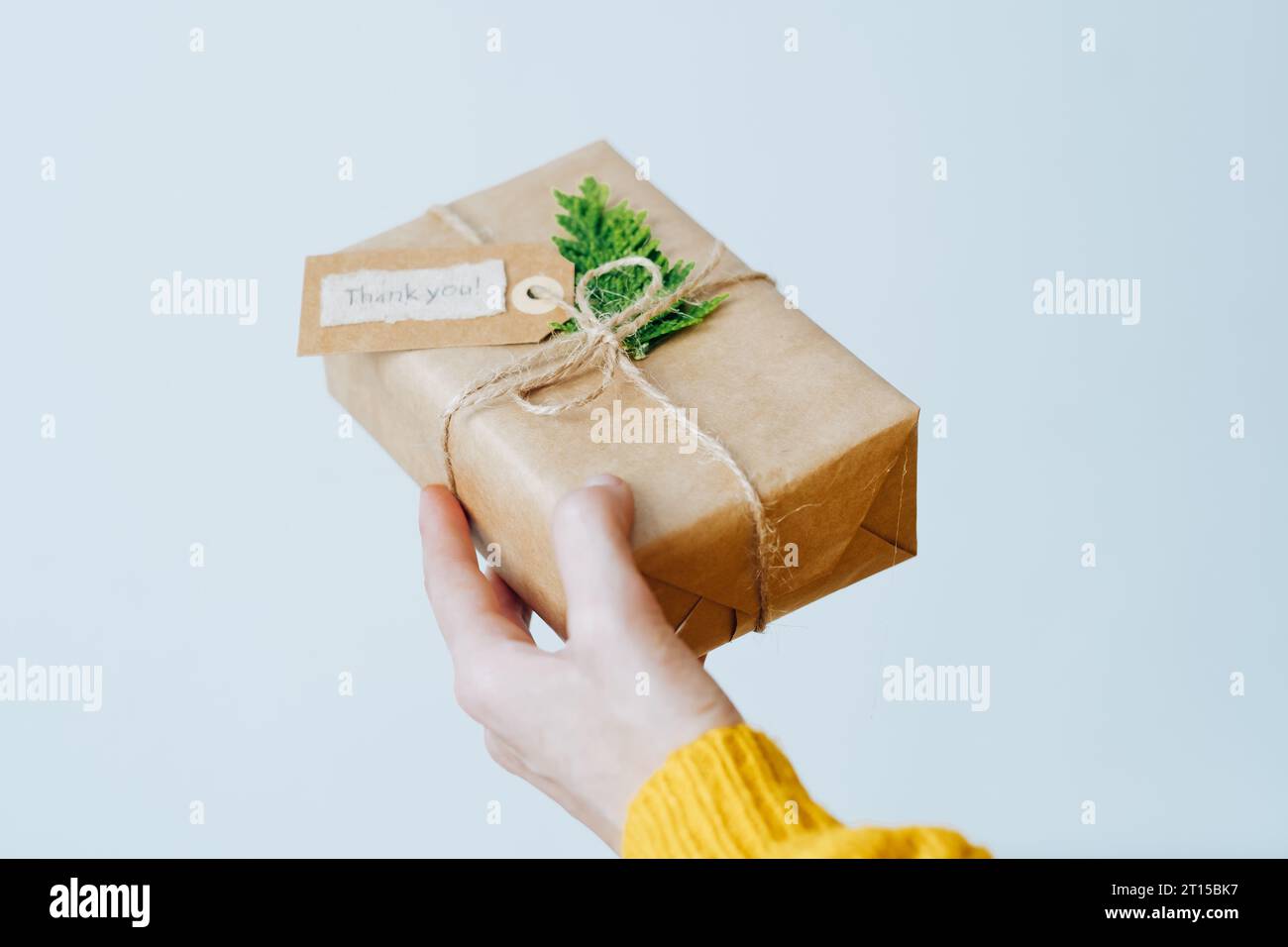 Female hands in yellow sweater with eco friendly gift box with tag with the words thank you. Sustainable and eco conscious living concept. Stock Photo